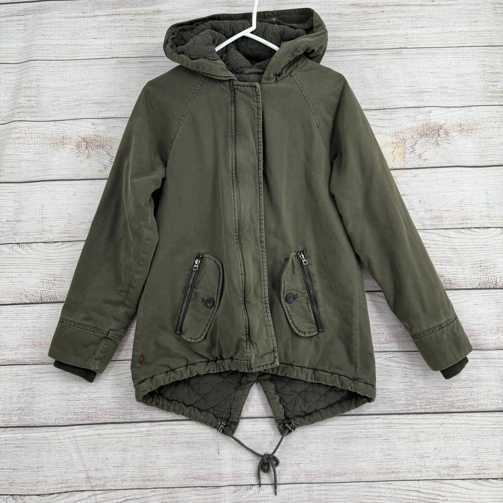 Levi's Utility Parka Jacket Womens XS Olive Green Fishtail Hooded Quilted Lining